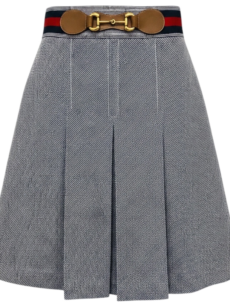Gucci Navy Blue / White / Gold Horsebit Box Pleated Knee Length Skirt With Web S